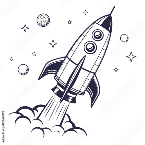 Vintage rocket ship blasting off with smoke and stars