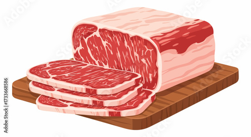 Illustration of a cut of beef with slices on a wooden board.