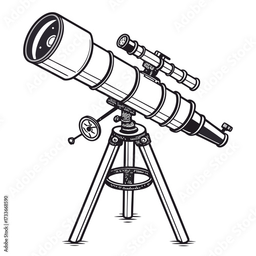 Vintage telescope on a tripod with detailed illustration
