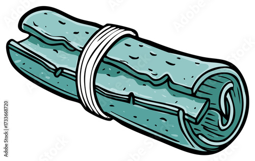 Illustration of a rolled-up turquoise map or scroll secured with white bands, with a distressed texture.