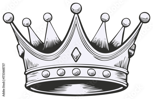 Classic detailed black and white illustration of a majestic king's crown, symbolizing power and authority.