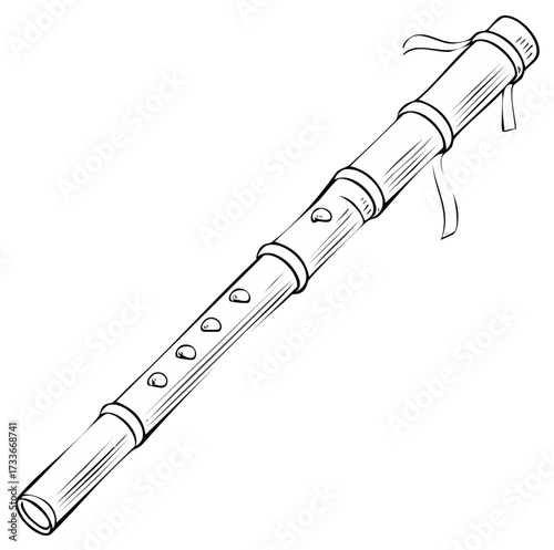 Detailed Line Drawing of a Bamboo Flute Musical Instrument with Finger Holes and Tied Ribbon