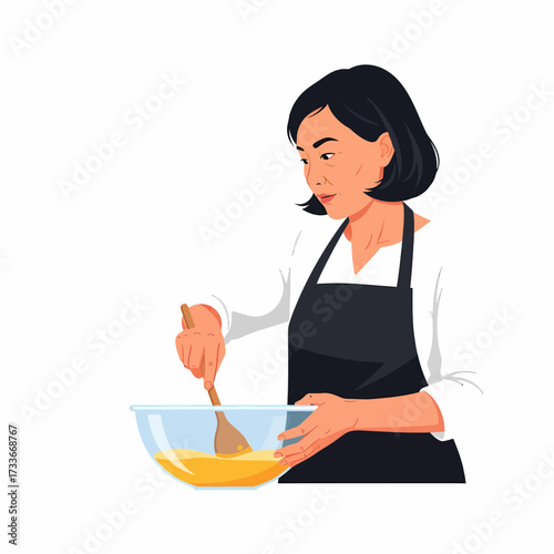An illustration of an Asian woman in a black apron stirring a yellow mixture in a glass bowl with a wooden spoon, engaged in cooking or baking.