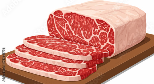 Vector illustration of a raw beef roast being sliced on a wooden cutting board, isolated on a white background.