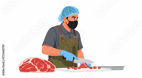 A butcher wearing a hairnet, mask, and gloves meticulously cuts raw meat on a white surface with a knife, with a large cut of meat beside him.