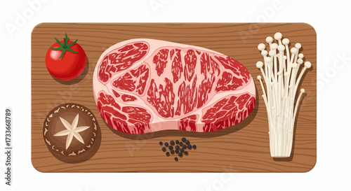 A top-down view of a raw marbled steak with enoki mushrooms, a tomato, a shiitake mushroom, and peppercorns on a wooden cutting board.