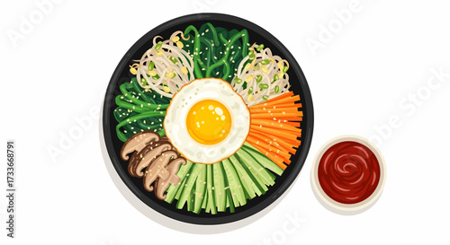 A vibrant and colorful illustration of a traditional Korean bibimbap dish with a fried egg.