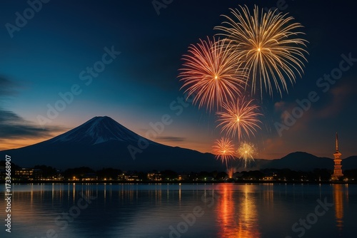 Dramatic night landscape of Mount Fuji and bright fireworks reflected in the lake.