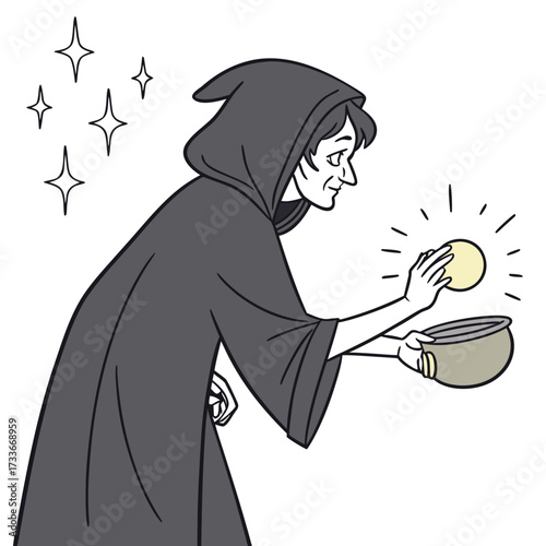 Witch holding glowing orb over cauldron with sparkles