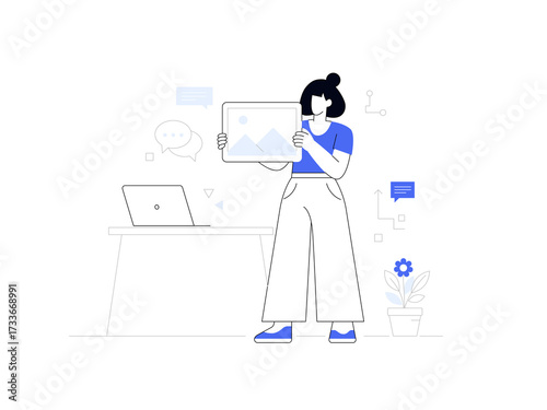 Modern flat vector illustration of a young woman highlighting a media file in a minimalist style