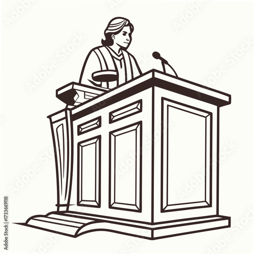 Woman in robes at podium with microphone judge lawyer