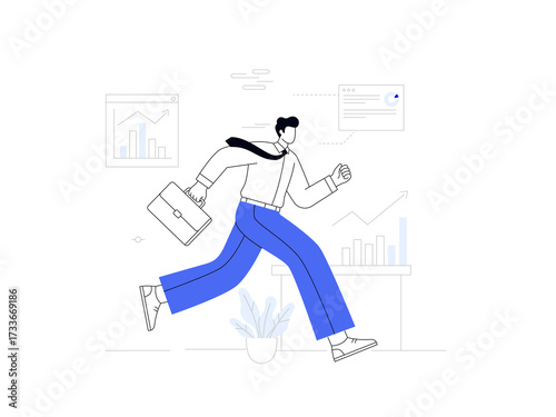 Modern flat vector illustration of a man rushing to the office in a dynamic running pose, perfect for business and workplace concepts