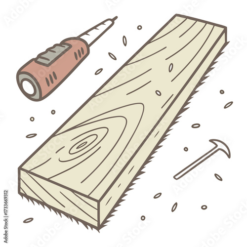 Wooden plank with saw and drill illustration timber