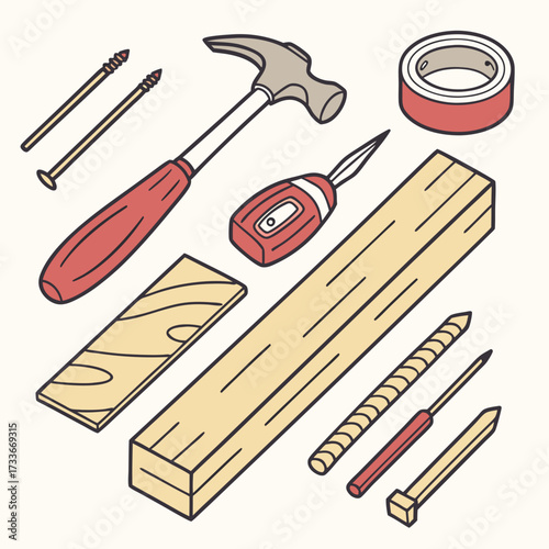 Woodworking Tools and Materials Flat Lay construction