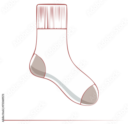 Single knitted sock illustration with cozy cuff, heel, and toe design on a surface, showcasing a simplified, warm clothing graphic