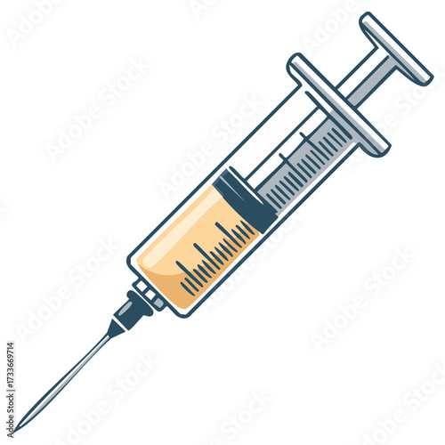Cartoon illustration of a medical syringe with fluid and needle, healthcare concept