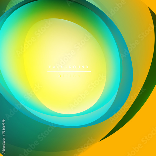 Abstract vibrant layers create circular design. Yellow, green, turquoise hues blend smoothly. Modern background suitable for various projects.