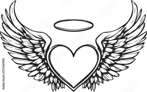 Heart with angel wings and halo — black and white symbolic illustration of love, purity, remembrance, and spiritual protection