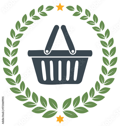 Shopping basket icon inside a green laurel wreath symbolizing a quality award for best eco friendly products