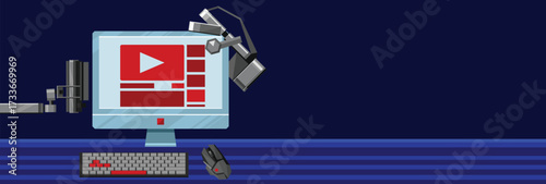 Streamer workplace setup with computer, microphone, and lighting equipment - geometric low-poly content creator workstation vector illustration on blue background
