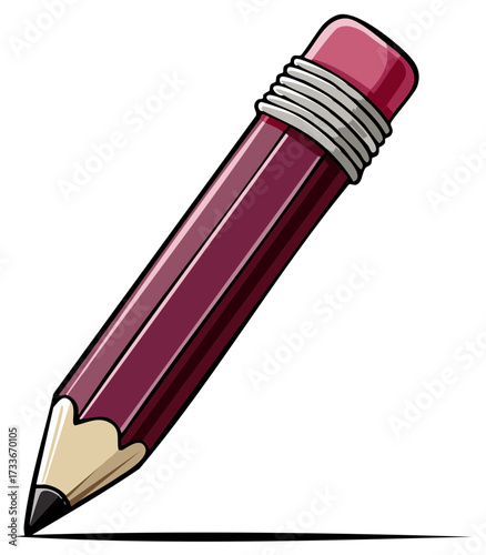 Maroon cartoon pencil with a sharpened graphite tip and pink eraser drawing a line.