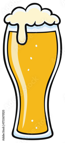Cartoon glass of golden beer with frothy foam dripping over the edge