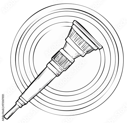 Hand-drawn illustration of an otoscope, medical instrument, against a swirling background.