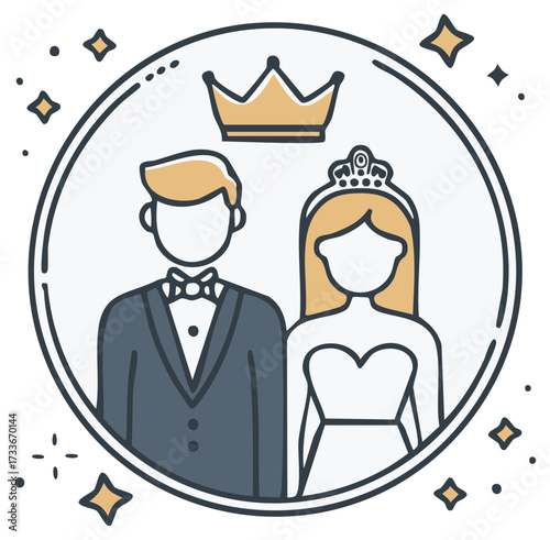 Royal Couple Icon with Crown and Wedding Dress Symbolizing Marriage Celebration