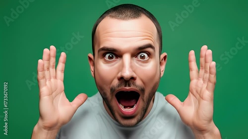 Astonished man portrait with wide eyes and open mouth expressive facial expression highlighted with bright studio lighting against vibrant green background