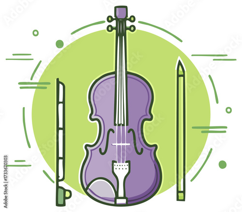 Stylized purple violin illustration with bow on green background graphic