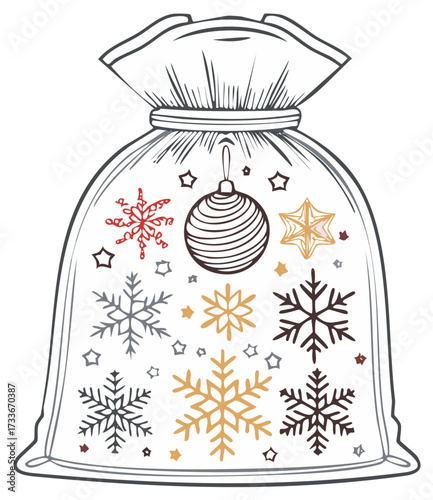 Winter Holiday Sack with Decorative Snowflakes, Christmas Bauble, and Stars Illustration
