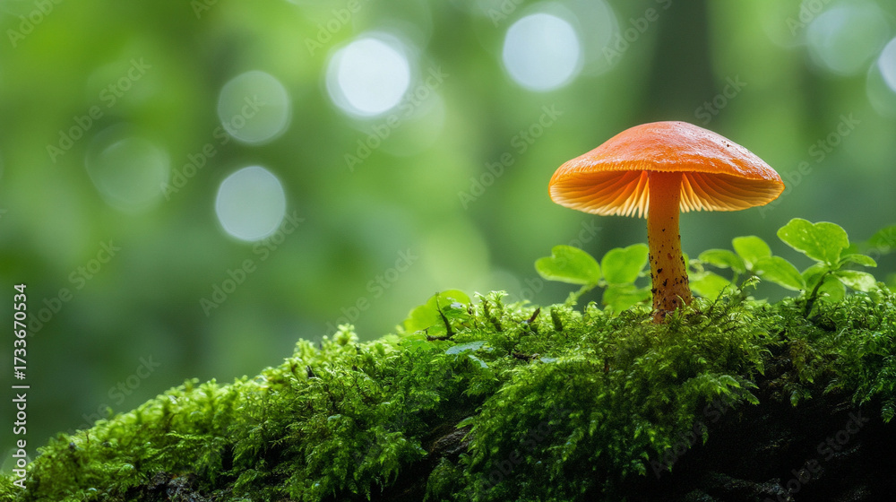 Fototapeta premium Single mushroom emerging on mossy forest floor symbolizing growth resilience mystery and the quiet beauty of nature in a serene woodland atmosphere.