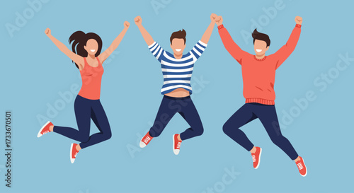 Happy young people jumping with joy, casual clothing, minimal flat style vector illustration.