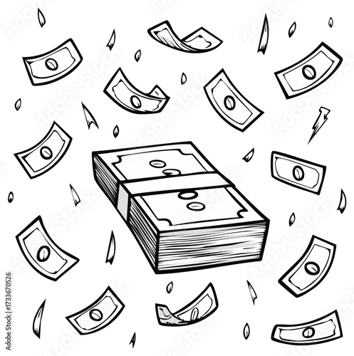Falling money banknotes and stack of cash cartoon illustration