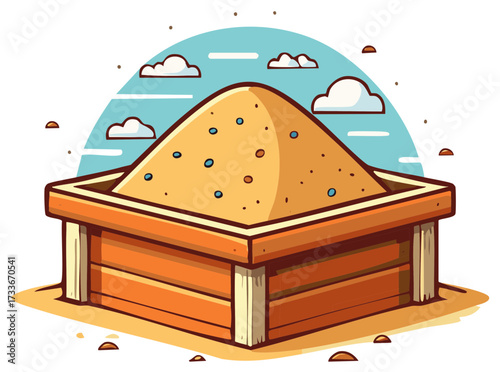 Cartoon sandbox with sand and sky with clouds, illustration for children's play.