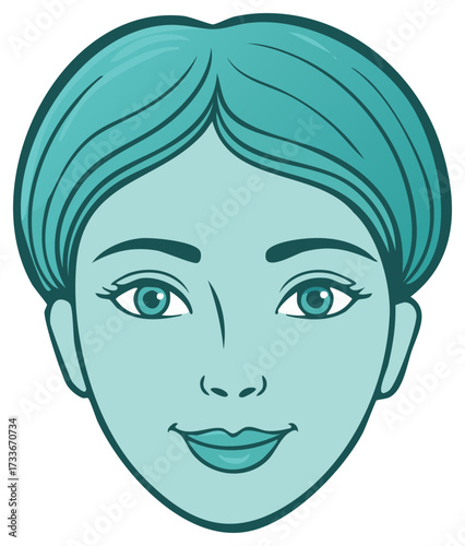 Stylized woman's head portrait illustration with teal skin and hair vector art