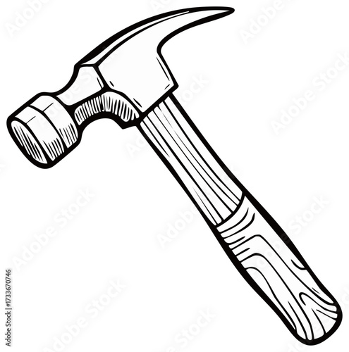 Hand drawn illustration of a hammer, black and white outline, carpentry tool