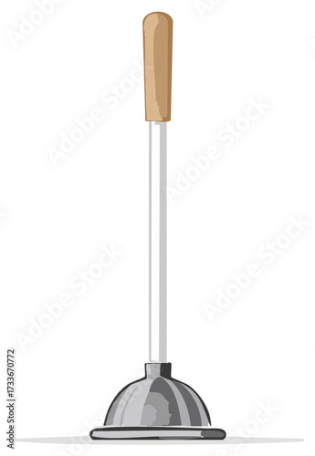 Cartoon illustration of a classic plunger with wooden handle, hygiene equipment