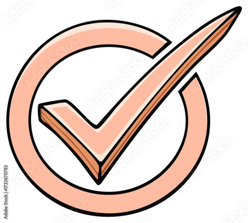 Approved check mark symbol illustration in peach color inside a circle for choices and confirmation