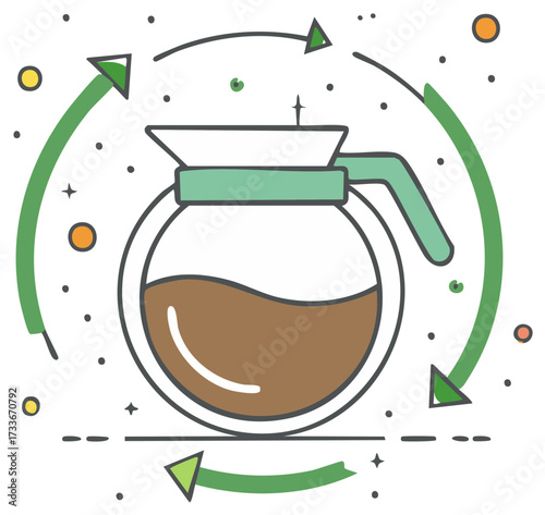 Coffee pot illustration with green arrows, conceptual of circular motion, coffee process.