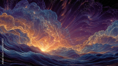 Cosmic Ocean - A Vibrant Abstract Landscape of Light and Color.