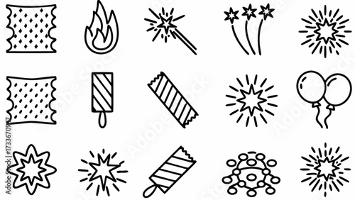 Illustration of party elements including confetti fire balloons and more in a black and white drawing style