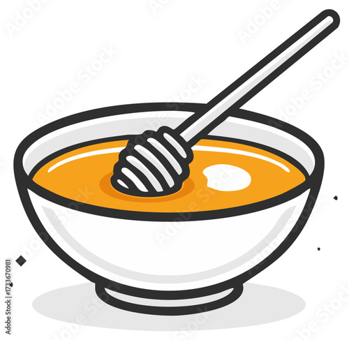 Illustration of a White Bowl Filled with Golden Honey and a Honey Dipper
