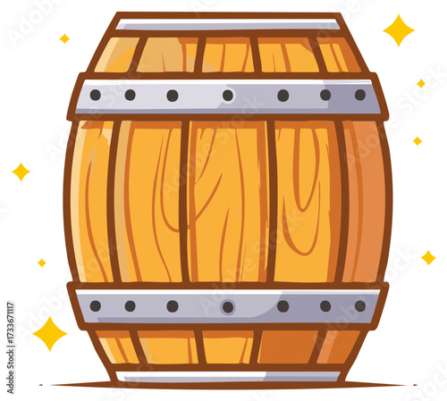Rustic Wooden Barrel with Metal Hoops and Cartoonish Sparkling Accents