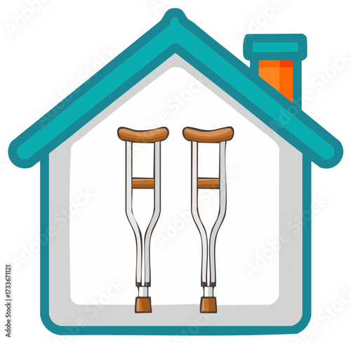 Medical crutches standing inside a cartoon house icon symbolizing home recovery and rehabilitation