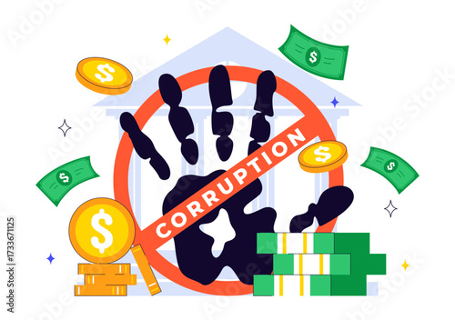 International Anti Corruption Day Illustration Featuring a Stop Giving Money Message with Dollar Coins, Prohibition Sign, and Chains in a Background
