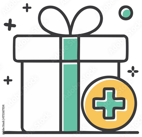 Gift box with ribbon and plus sign for bonus offers and added value