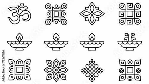 Collection of twelve geometric and symbolic designs including om diyas and intricate square patterns