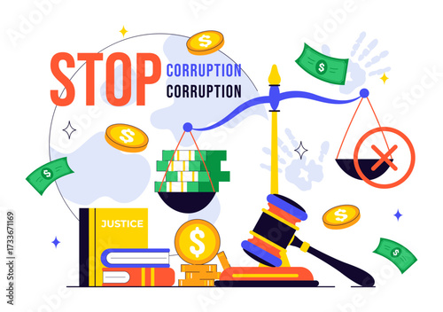 International Anti Corruption Day Illustration Featuring a Stop Giving Money Message with Dollar Coins, Prohibition Sign, and Chains in a Background