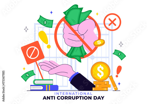 International Anti Corruption Day Illustration Featuring a Stop Giving Money Message with Dollar Coins, Prohibition Sign, and Chains in a Background